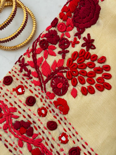 Lightweight Parsi Bullion Embroidery Pure Tussar Silk Saree | Cream yellow | Gujarati Hand Embroidery | Ships from California
